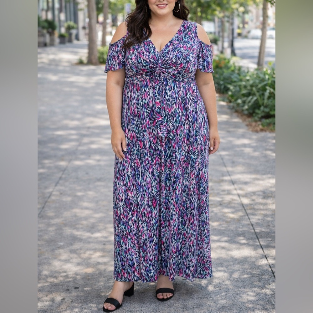 Catherines Geometric Maxi Dress | Purple Multicolor Cold Shoulder Knit | 0X